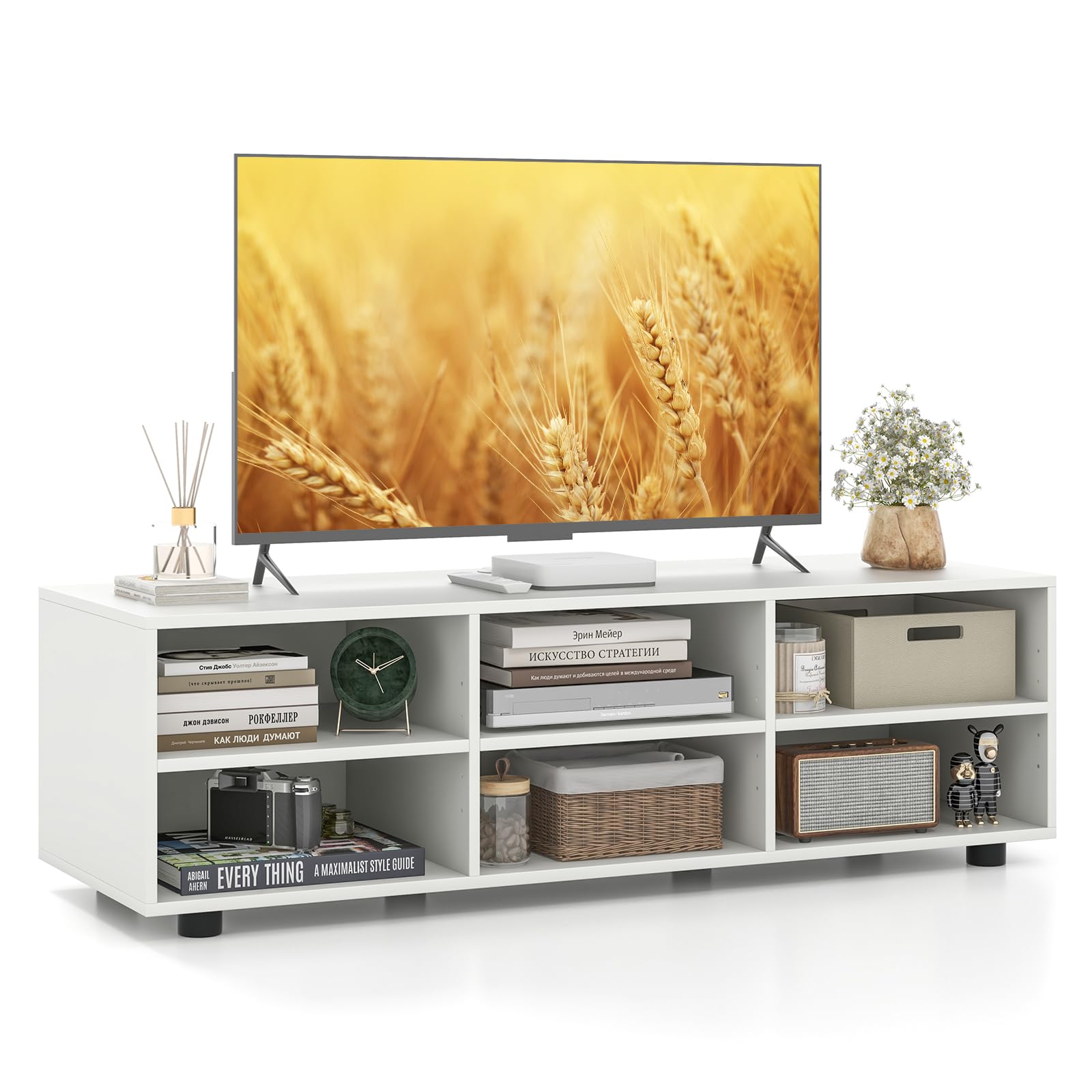 Meuble TV blanc Tangkula pour téléviseurs jusqu'à 55 pouces, meuble TV avec 6 compartiments de rangement, étagères réglables sur 5 positions